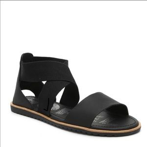 Sorel; black “Ella” sandals (8.5)